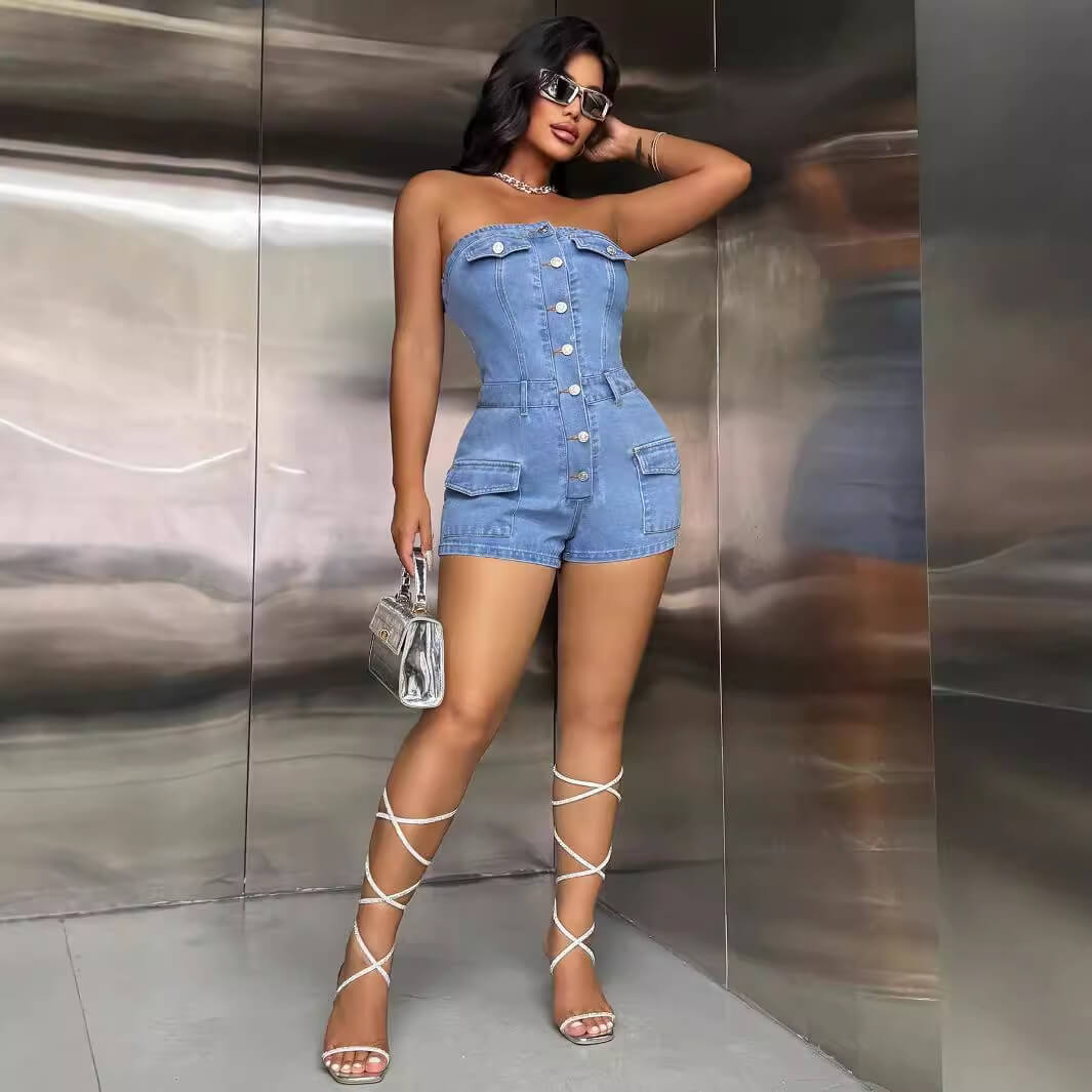 Strapless Denim Romper Shorts Sleeveless Jean Jumpsuit DENIMUSE