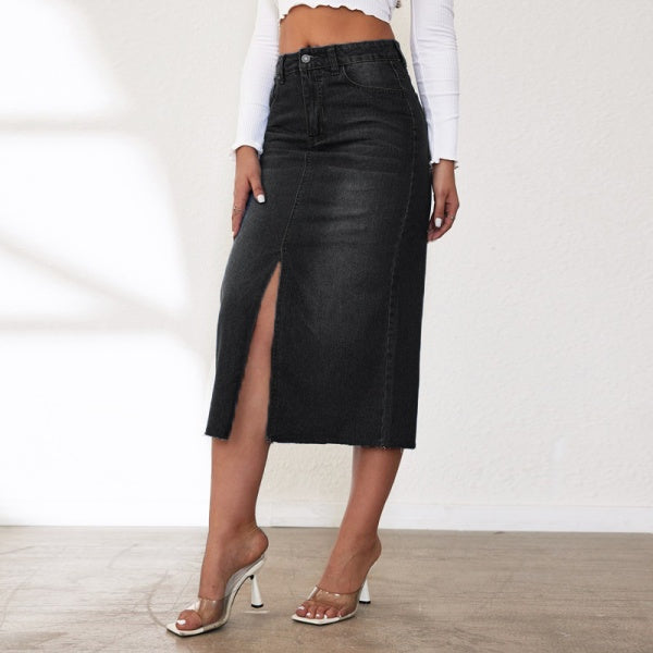 Black Maxi Denim Skirt with Slit