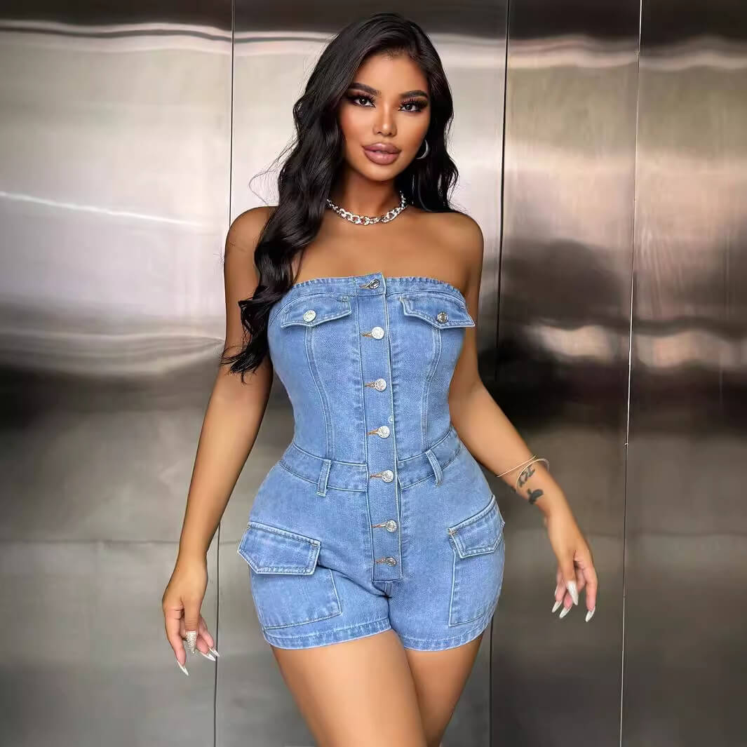 Follow Your Hear Denim Romper Shorts