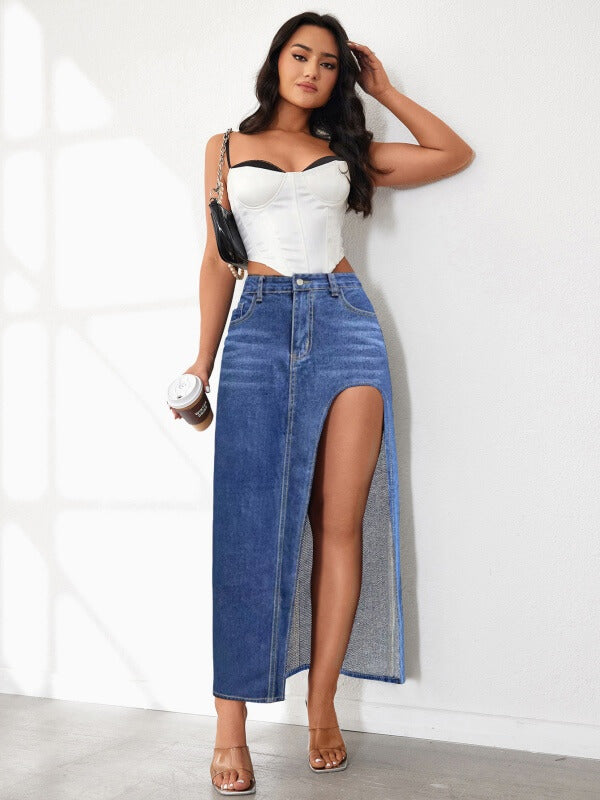 Denim Maxi Skirt with High Slit