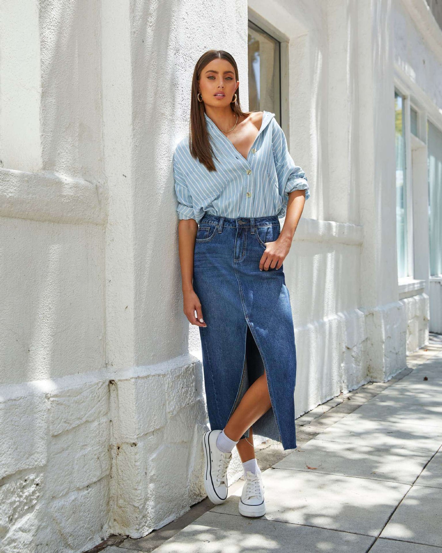 Denim Maxi Skirt with Slit