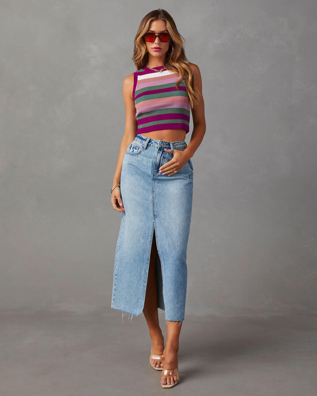 Denim Maxi Skirt with Slit