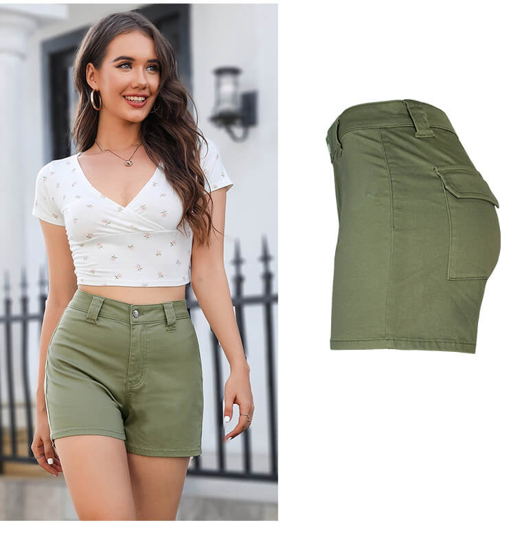 High Waist Denim Shorts-Olive Green