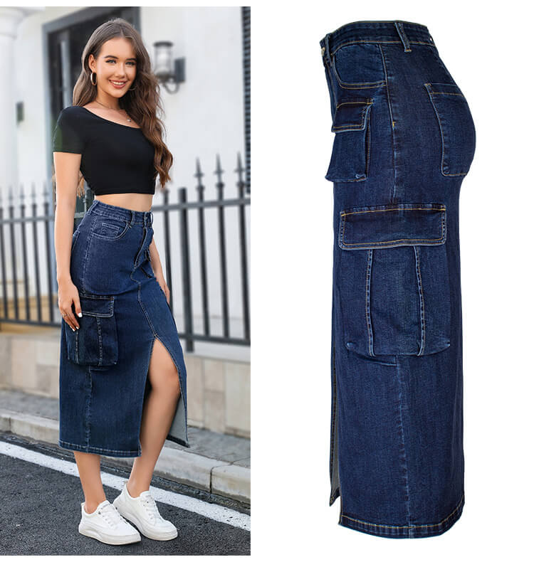 Cargo Denim Midi Skirt