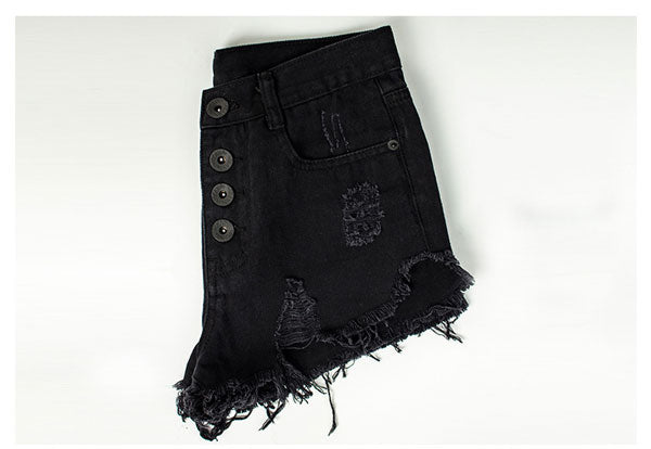 High Waist Denim Exposed Button Shorts - Black