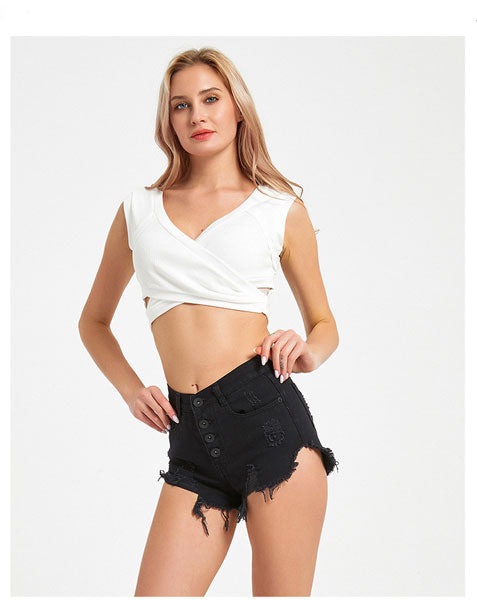 High Waist Denim Exposed Button Shorts - Black