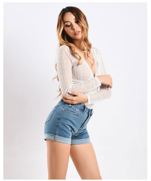 Cuffed Hem Denim Booty Shorts - Light Blue