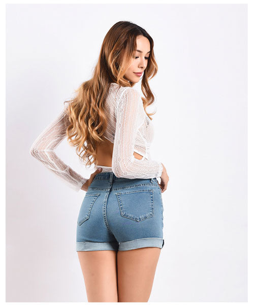 Cuffed Hem Denim Booty Shorts - Light Blue