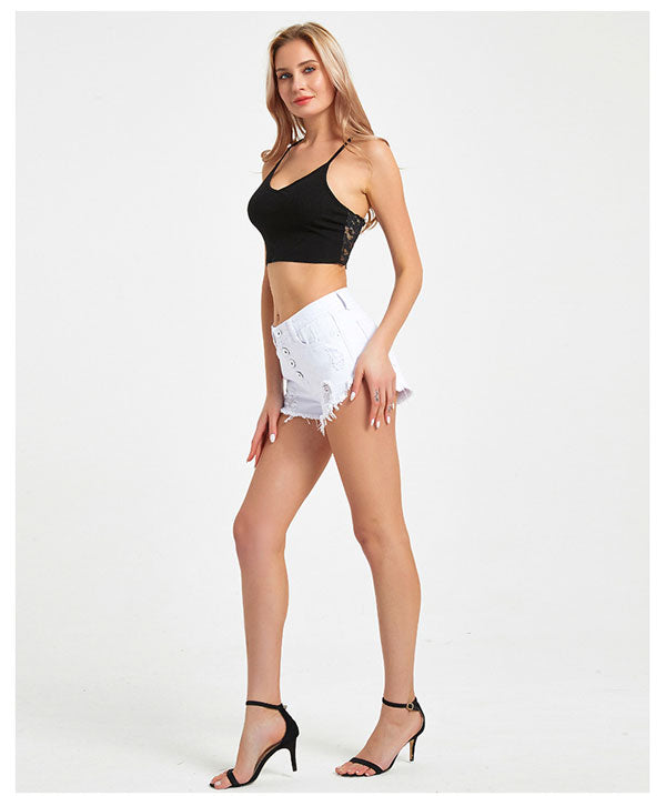 High Waist Denim Exposed Button Shorts - White