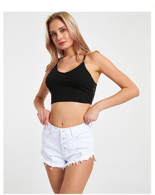 High Waist Denim Exposed Button Shorts - White