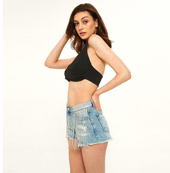 Dripping Rhinestone High Rise Denim Shorts - Light Blue