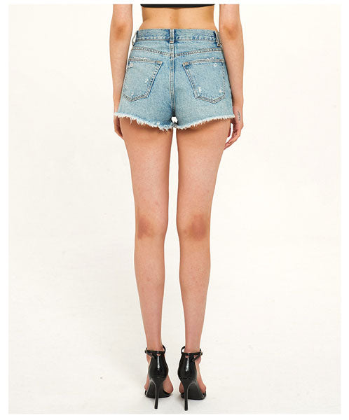 Dripping Rhinestone High Rise Denim Shorts - Light Blue