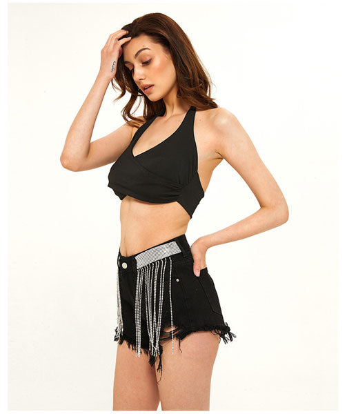 Shimmy Rhinestone High Rise Denim Shorts - Black