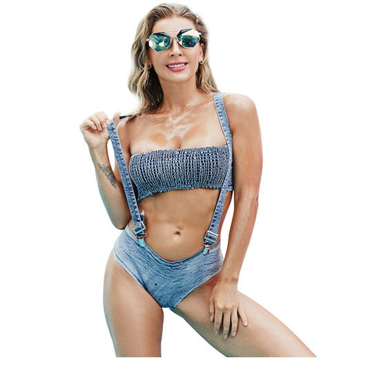 Tupe Top + Denim Bib Overall Shorts Bikini Set