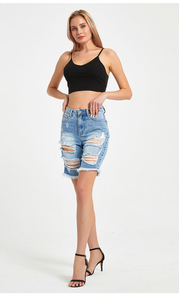 Distressed Bermuda Denim Shorts- Light Blue