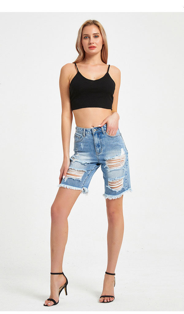 Distressed Bermuda Denim Shorts- Light Blue