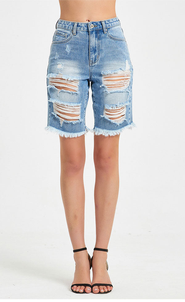 Distressed Bermuda Denim Shorts- Light Blue