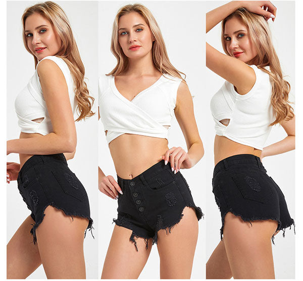 High Waist Denim Exposed Button Shorts - Black