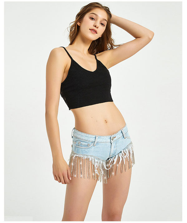 Rockin' And Swaying Rhinestone Denim Shorts-Light Blue Wash