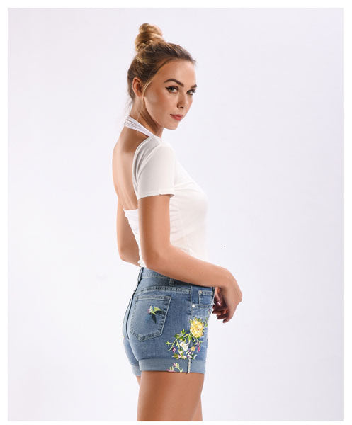 Embroidered Denim Shorts