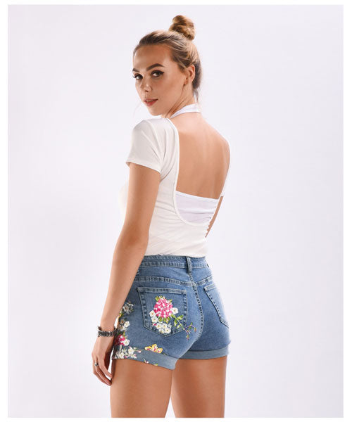 Embroidered Denim Shorts