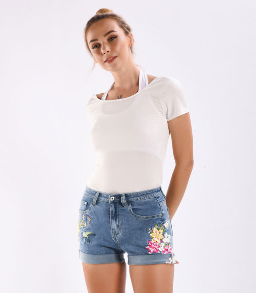 Embroidered Denim Shorts