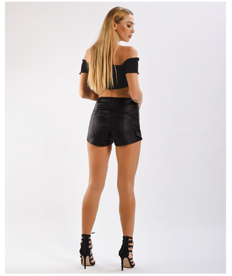 Sexy Mid Rise PU Leather Shorts-Black