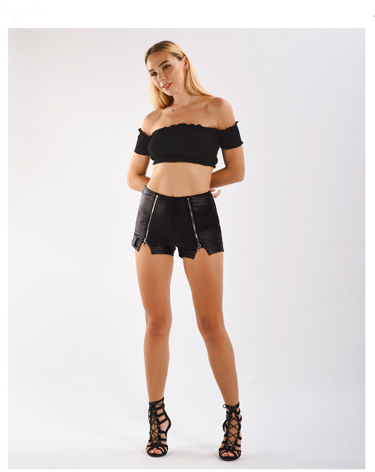 Sexy Mid Rise PU Leather Shorts-Black