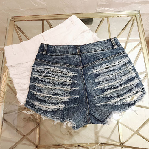 Drooling Distressed Denim Shorts - Light Blue