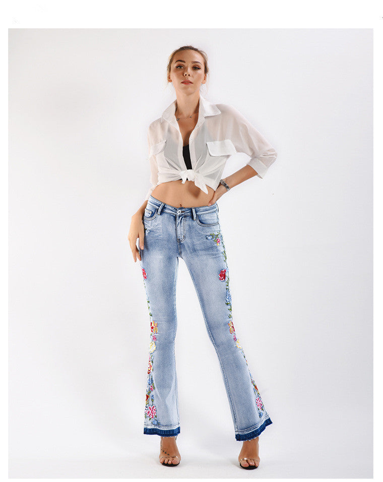 Floral Embroidered Flared Jeans