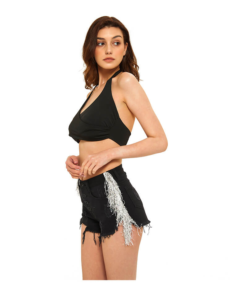 Button Fly Denim Tassel Shorts-Black