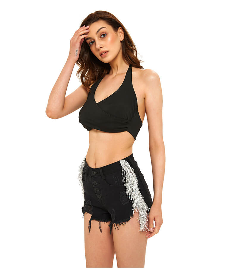 Button Fly Denim Tassel Shorts-Black