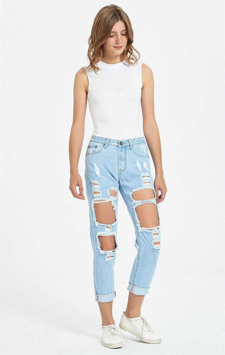 Ripped Boyfriend Jeans-Black-White