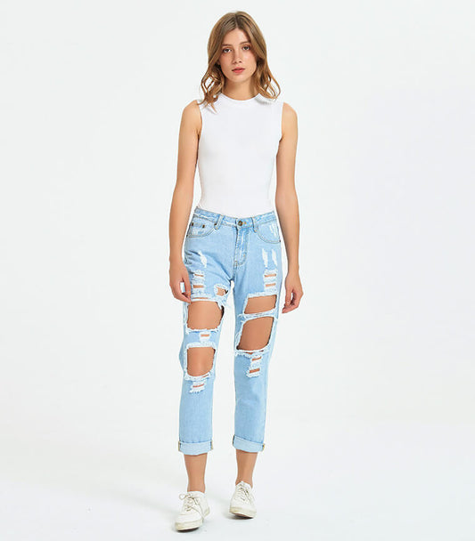 Ripped Boyfriend Jeans-Black-White