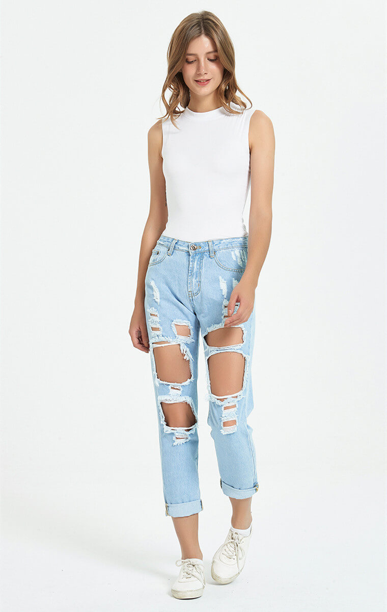 Ripped Boyfriend Jeans-Black-White