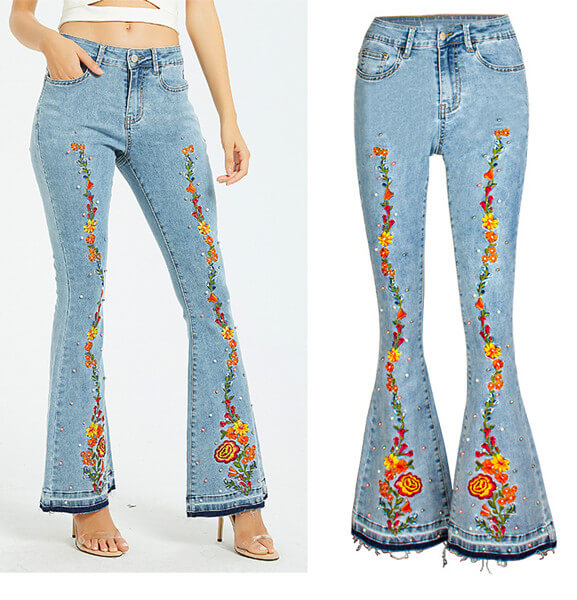 Floral Applique Bell Bottom Jeans