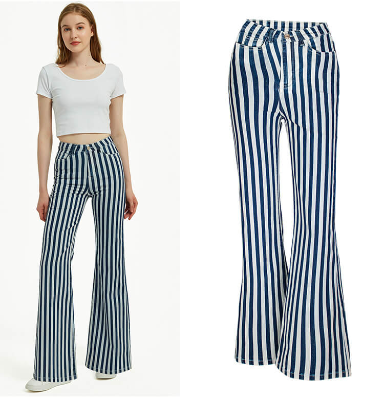 Blue and White Striped Flare Jeans