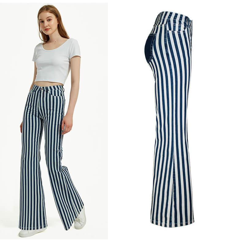 Blue and White Striped Flare Jeans