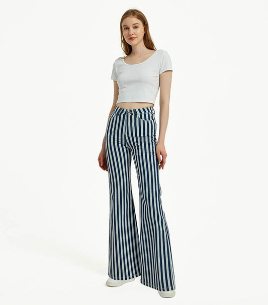 Blue and White Striped Flare Jeans