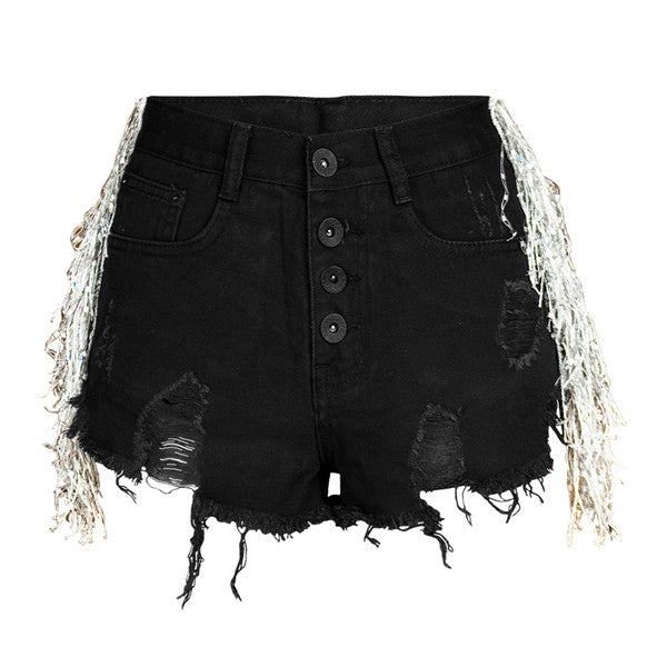 Button Fly Denim Tassel Shorts-Black