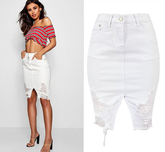 White Distressed Denim Skirt